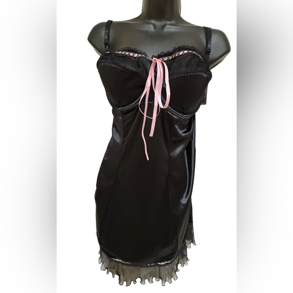 Black Satin Lingerie with Pink Ribbon Detail ⭐️NWT⭐️